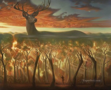 behind the trees surrealism deer hunting Oil Paintings